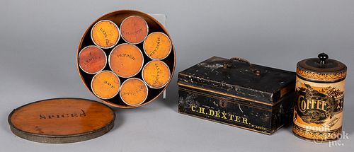 Bentwood spice box, together with two tins
