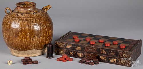 Chinese pottery crock, together with a gameboard