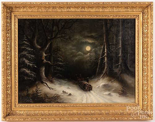 Oil on canvas moonlit snow scene, late 19th c.