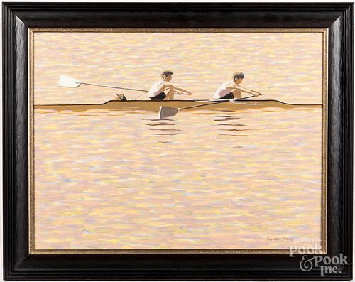 Gordon Haas, oil on board of two figures rowing