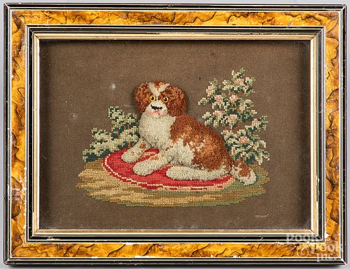 Victorian needlework of a seated dog in shadowbox