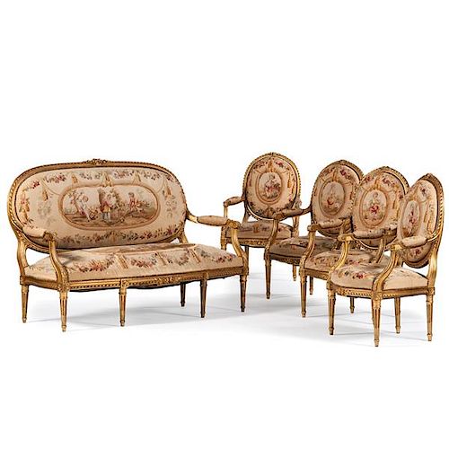 Louis XVI-style Giltwood Parlor Suite with Aubusson Upholstery 