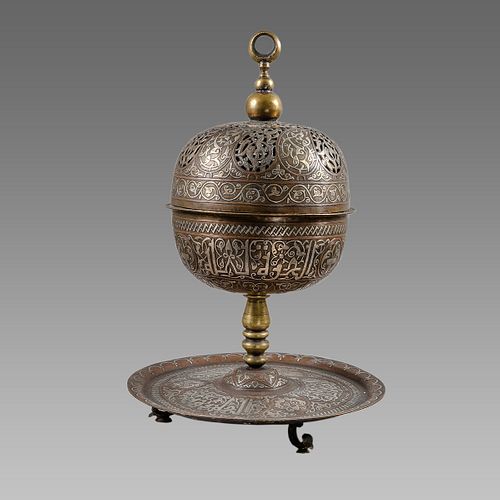 Mamluk revival Silver Inlaid Brass incense burner. 