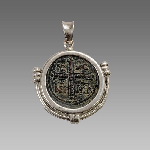 Ancient Byzantine Bronze coin set in Silver Pendant c.10th century AD.