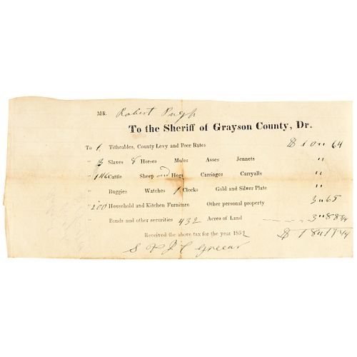 1852, Partially-Printed Official Receipt For Taxes Paid On Slaves