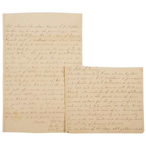 1854 Slave for Hire Manuscript Document, Cherokee County, Texas