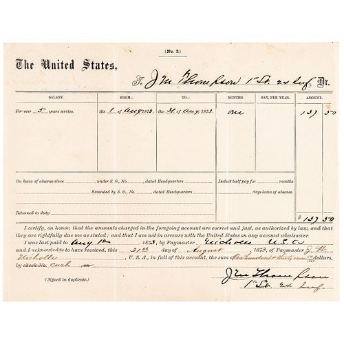 1873 Historic Buffalo Soldier Partly-Printed Pay Voucher to Lt. John M. Thompson