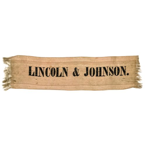 1864 Presidential Campaign Silk Ribbon LINCOLN + JOHNSON Rare Horizontal Design 