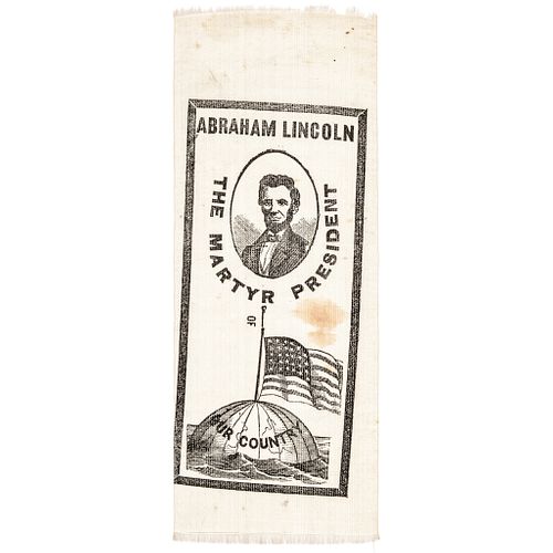 c 1865 Post Assassination Abraham Lincoln Memorial Printed Silk Ribbon