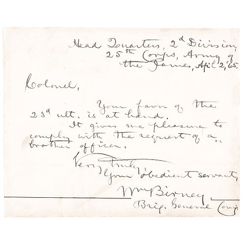 1865 Abolitionist Union Civil War General WILLIAM BIRNEY Autograph Letter Signed