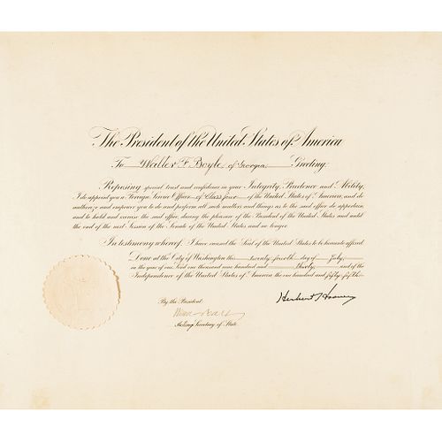 Official Appointment Document With President HERBERT HOOVER Stamped Signature