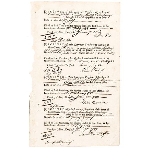 Decl. Signer SAMUEL HUNTINGTON Signed 1782 Revolutionary War Interest Pay Note