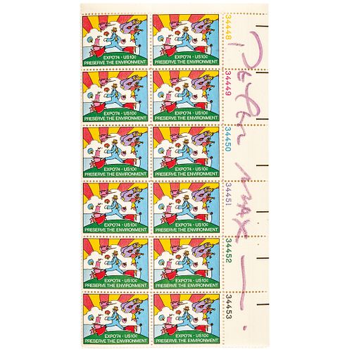 PETER MAX Signed 1974 Worlds Fair Expo74 Vibrant Colorful 12 Stamp Sheet