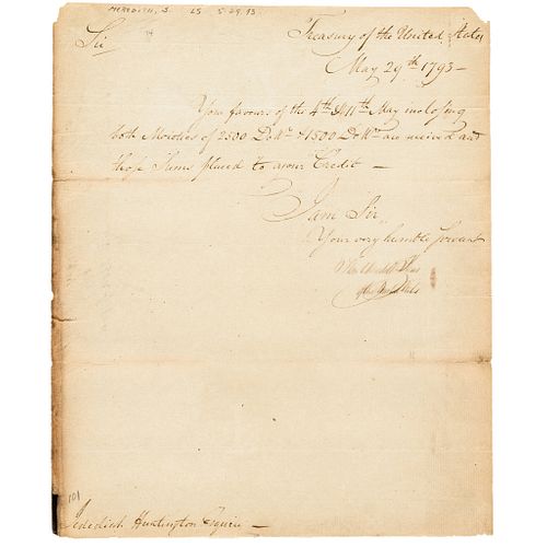 1793 United States Treasurer SAMUEL MEREDITH Receipt to Jedediah Huntington