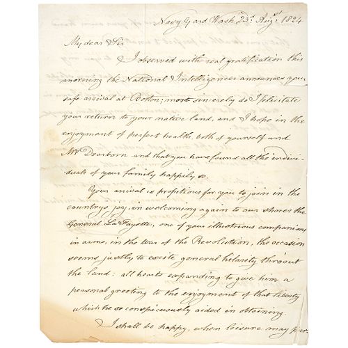 1824 Letter: The Return of the Marquis de Lafayette to the United States