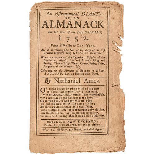 1752 ALMANACK by Nathaniel Ames, Boston with Advice Against Drinking!