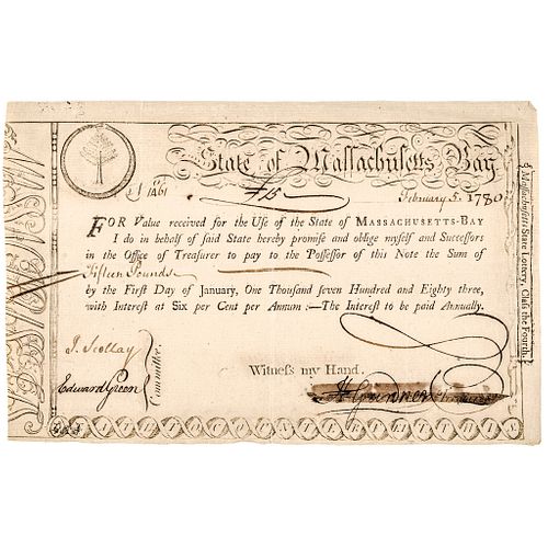 1780 Massachusetts Revolutionary War 6 Percent Lottery Bond After Paul Revere