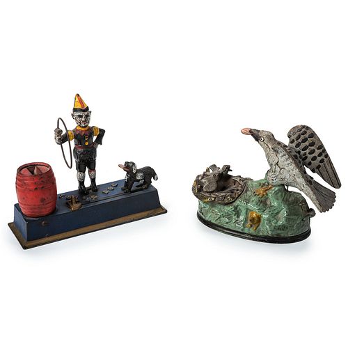 Two Cast-Iron Mechanical Banks: Trick Dog and Eagle and Eaglettes