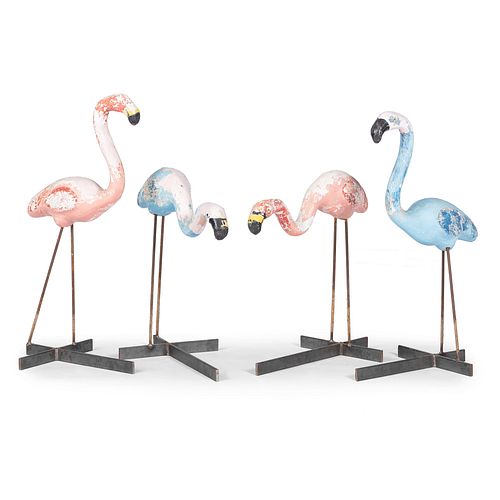 Four Cast Cement and Iron Pool Flamingos