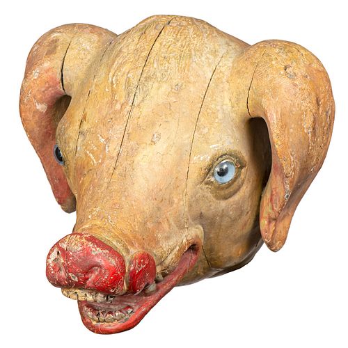 A Carved and Painted Wood Pig's Head Butcher Sign with Glass Eyes