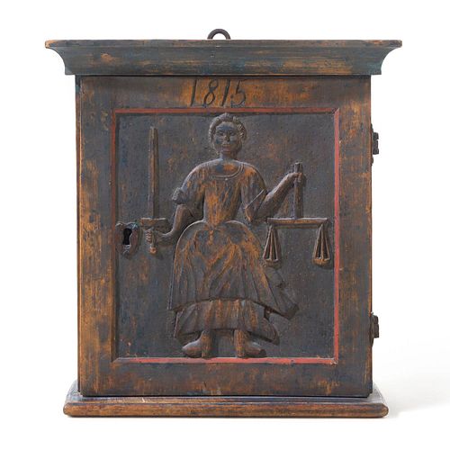 A Northern European Lady Justice Carved and Painted Birch Hanging Valuables Box, likely Scandinavian, Dated 1815 