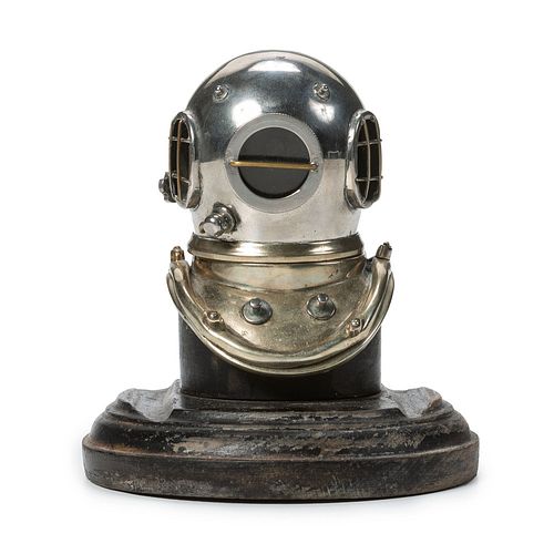 A Rare Siebe Gorman & Co. Silvered Metal and Ebonized Wood Diving Helmet-Form Inkwell, London, England, Circa 1910