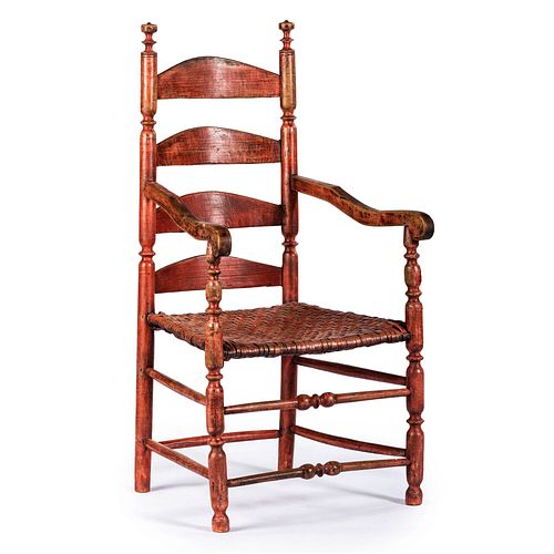 A William and Mary Turned and Red-Painted Slat-Back Splint Seat Armchair, New England, circa 1770