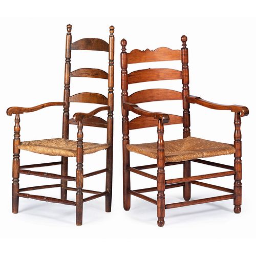 Two William and Mary Turned Maple Slat-Back Rush Seat Armchairs, New England, 18th Century 