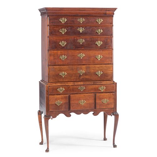 A Queen Anne Carved Cherrywood and Maple Pad-Foot Flat-Top High Chest, Likely North Shore, Massachusetts