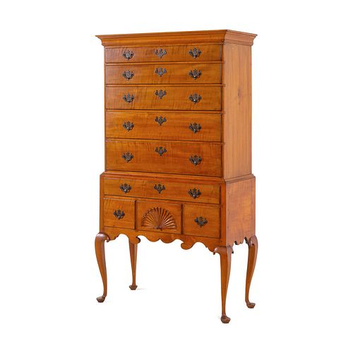 A Queen Anne Fan-Carved and Figured Maple Flat-Top High Chest, Likely Essex, Connecticut, Circa 1770