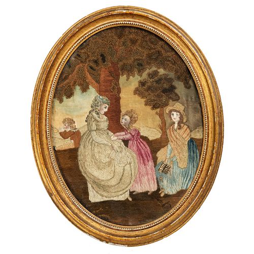 An American Silkwork Embroidered Watercolor Mourning Picture of Three Ladies, Circa 1810