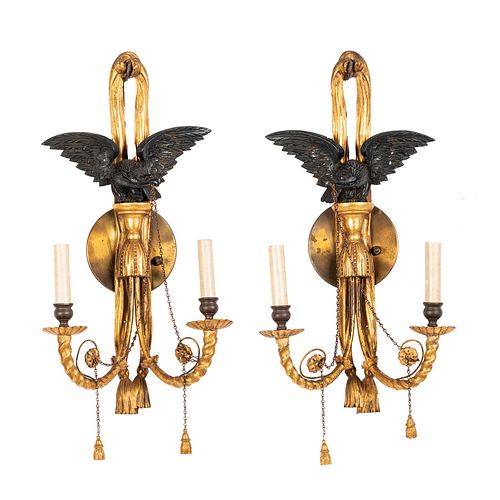 A Pair of Classical Gilt and Ebonized Eagle Two-Light Wall Sconces, Circa 1810