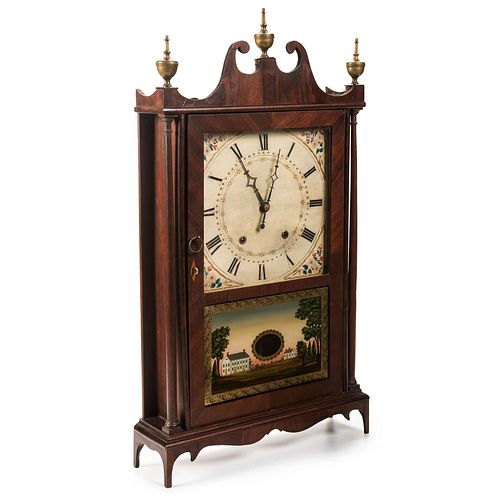 A Federal Eli Terry & Sons Pillar and Scroll Mantel Clock in Mahogany