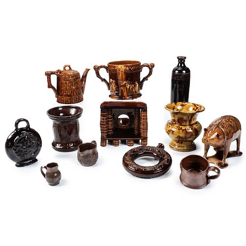 Twelve Pieces of Rockingham Glaze Pottery and Redware
