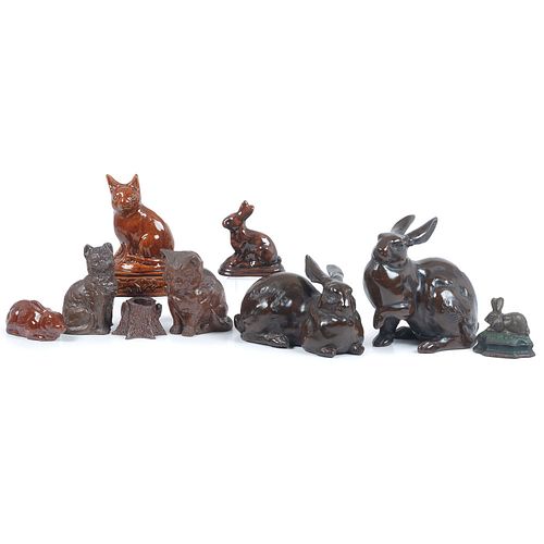 Nine Sewer Tile and Other Ceramic Cat and Rabbit Figures