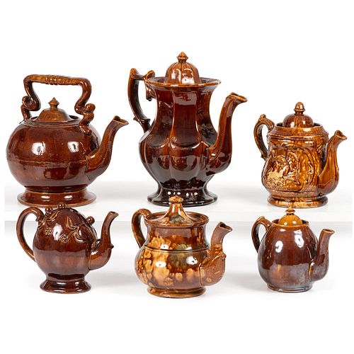 Six Rockingham Glaze Tea and Coffee Pots