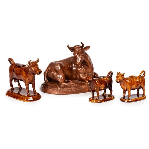Three Bennington Glazed Cow Creamers and Covered Butter Dish