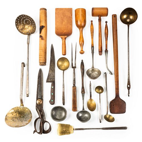 Nineteen Turned Wood and Iron Kitchen Tools