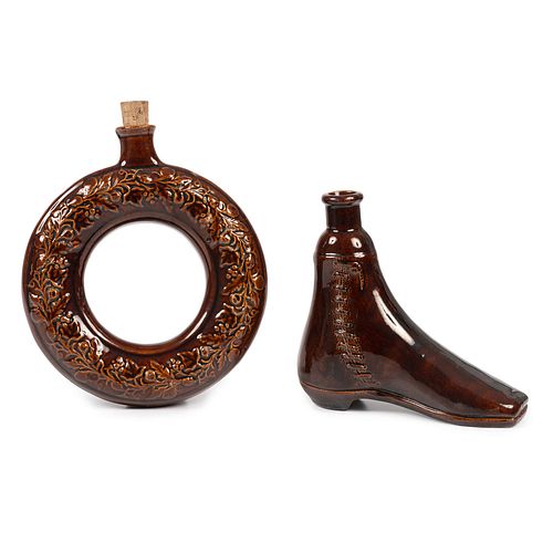 A Rockingham Glaze Molded Flask and Ring Jug