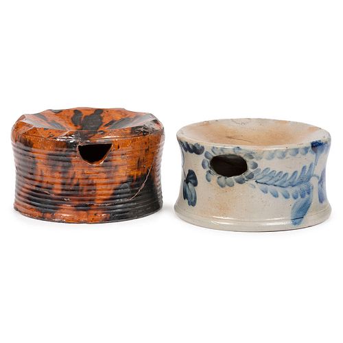 Two Stoneware Spittoons Including a Cobalt Decorated Example Attributed to Remmey