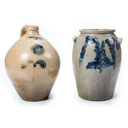 Two Cobalt Decorated Stoneware Vessels