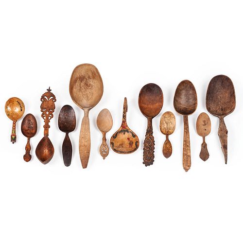 Twelve Scandinavian Carved and Engraved Wooden Spoons