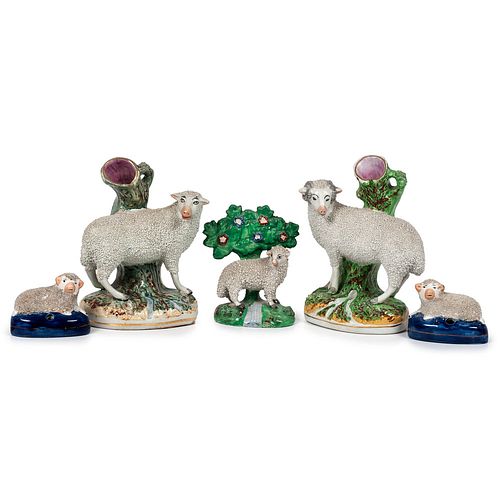Three Staffordshire Sheep Figures and Two Spill Vases