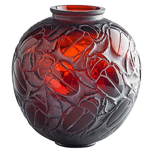 LALIQUE "Gros Scarabées" vase, deep amber glass