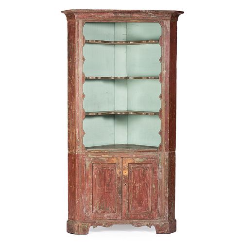 A Country Chippendale Red and Blue Painted Maple and Cherrywood Corner Cupboard, Western Pennsylvania or Ohio, Circa 1790
