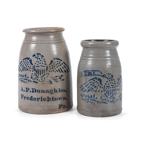 Two Pennsylvania Stoneware Canning Jars With Cobalt-Stenciled Eagles
