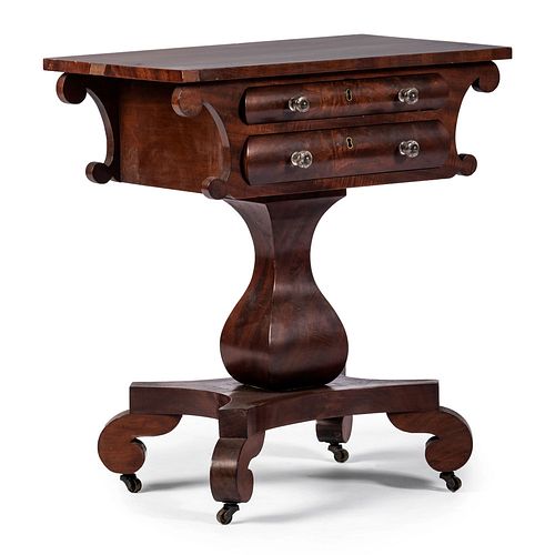 A Classical Glass Mounted Mahogany and Cherrywood Two-Drawer Work Table, Likely Mid-Atlantic States, Circa 1840