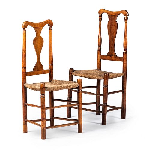 Two Queen Anne Maple Rush-Seat Side Chairs, New England