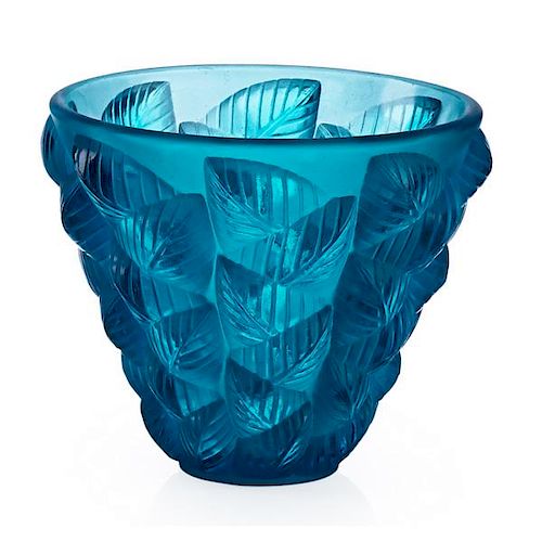 LALIQUE "Moissac" vase, teal blue glass