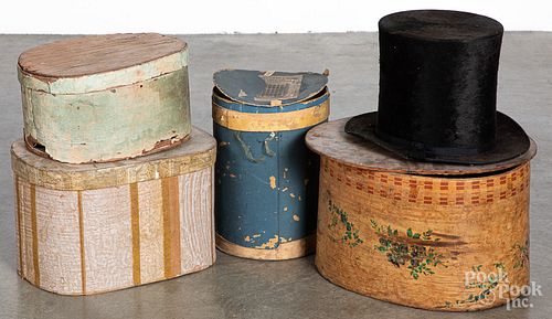 Four wallpaper hat boxes, 19th c.
